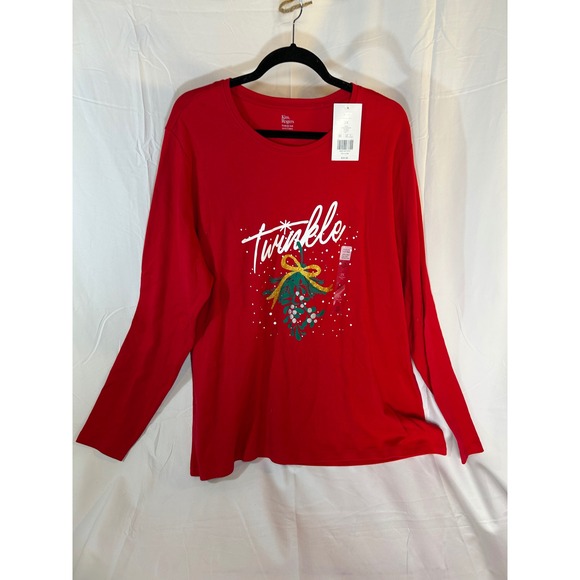 Kim Rogers Women Plus 2X Red Long Sleeve Twinkle Mistletoe Christmas T Shirt - Picture 1 of 7